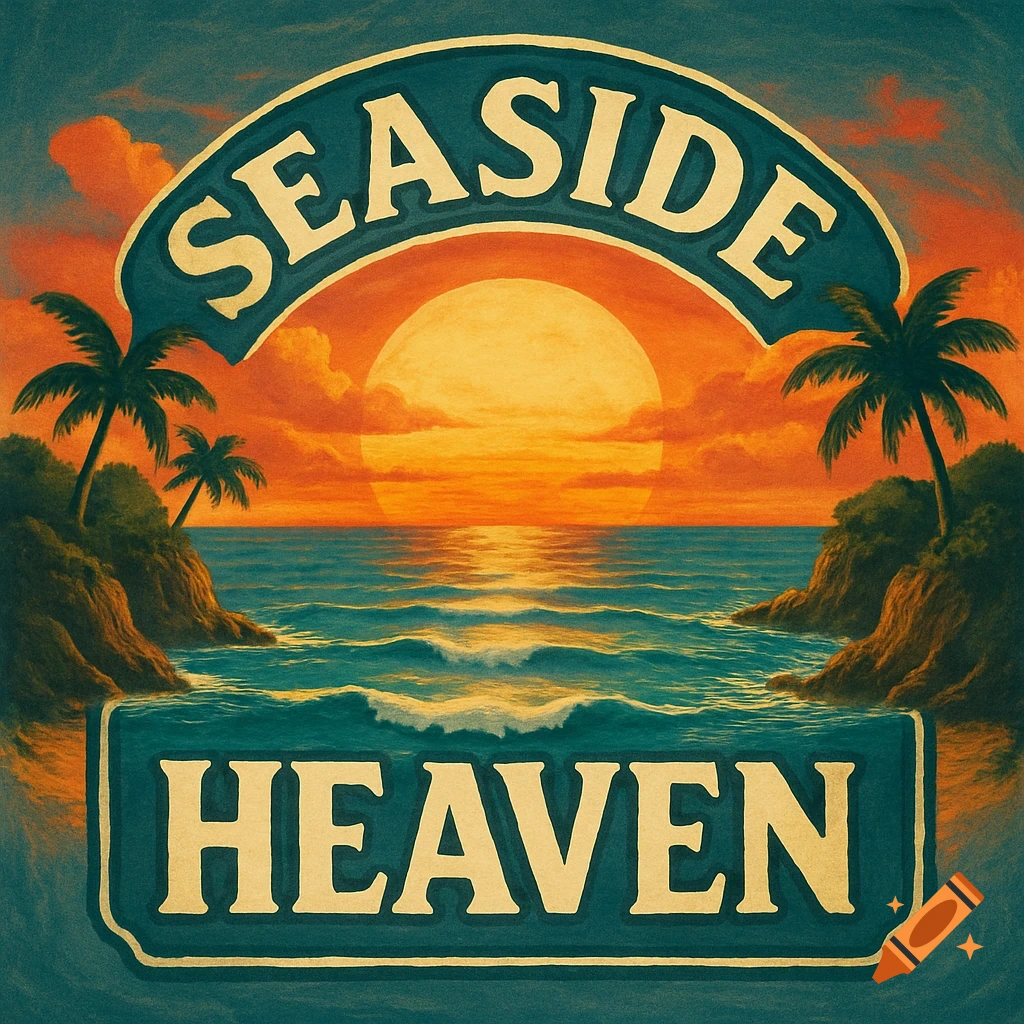A tropical sunset with palm trees and the words 'SEASIDE HEAVEN' in a logo.