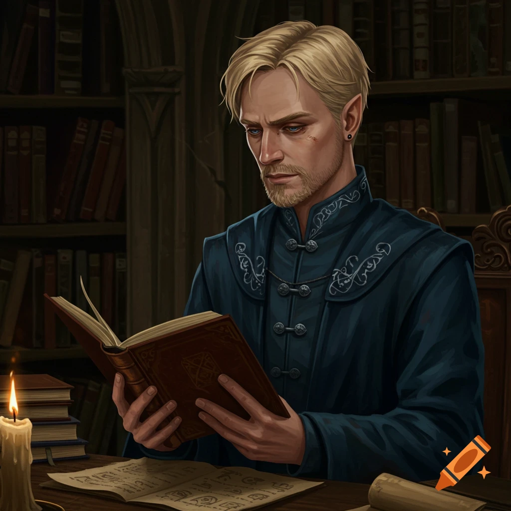 Blonde wizard in robes reading a book in a dimly lit library