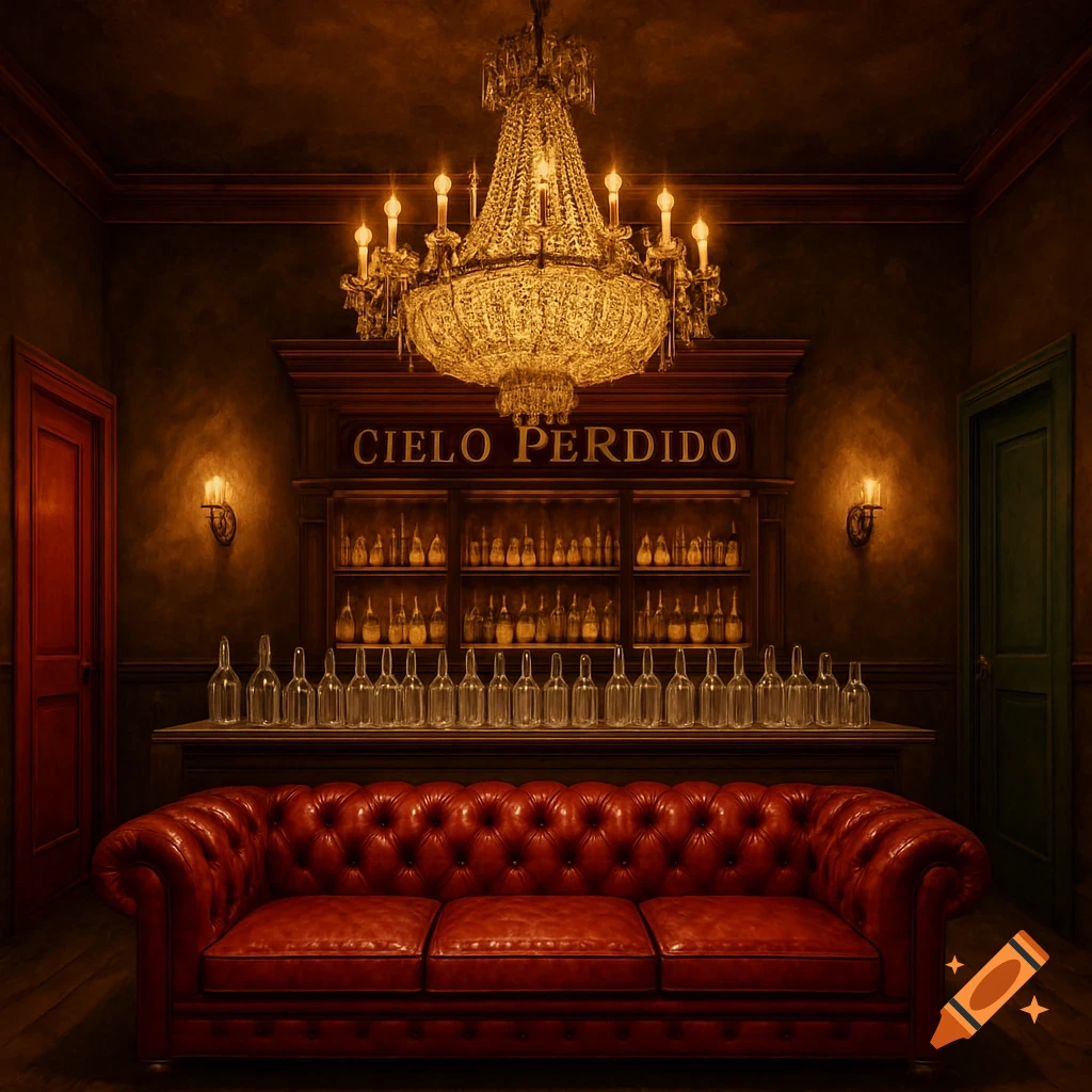 A fancy bar room with a red leather sofa, chandelier, and bottles, with 'CIELO PERDIDO' above the bar