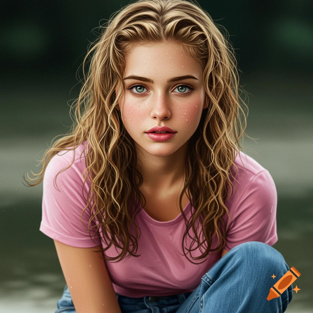 A young woman with wet, curly blonde hair and green eyes, wearing a pink shirt and jeans.