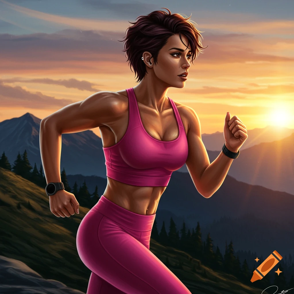 A fit woman runs on a hill during sunset with mountains in the background.