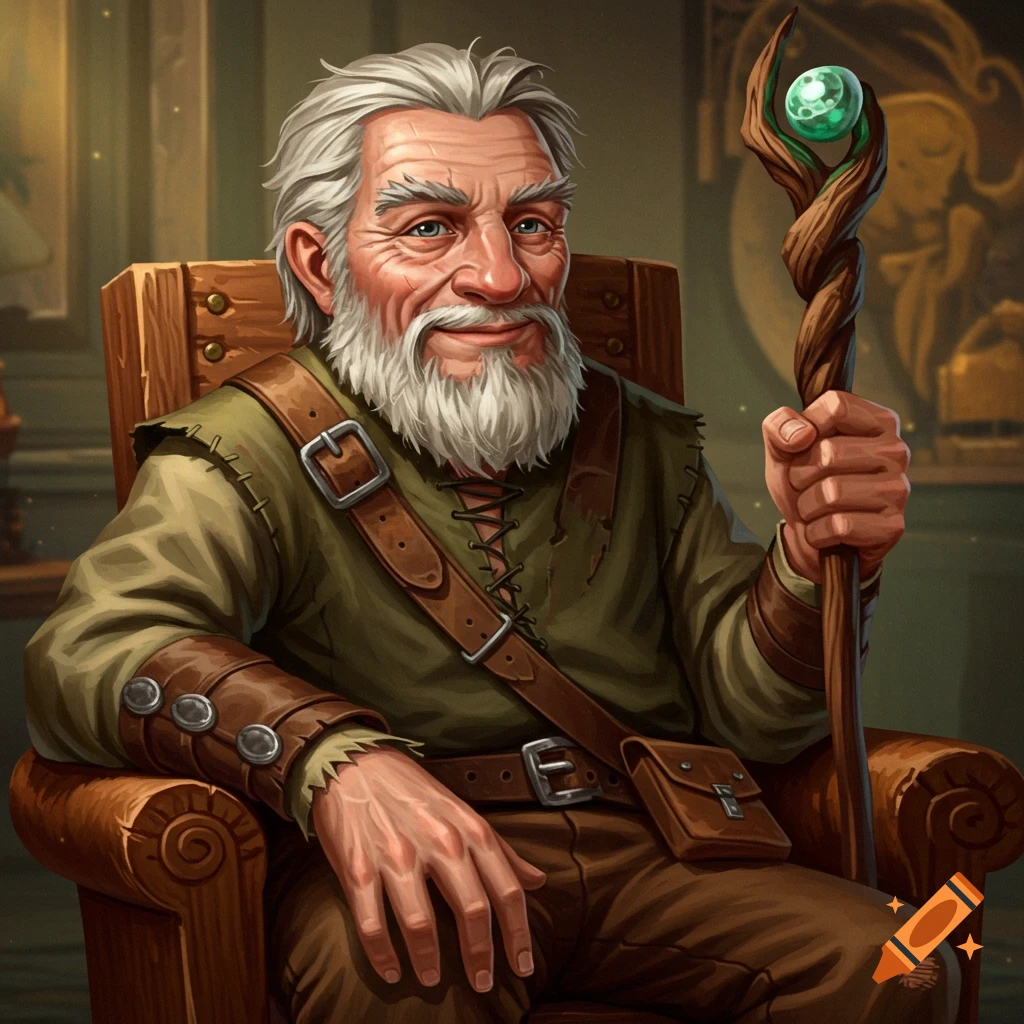 A smiling old fantasy adventurer sitting in a chair, holding a staff.