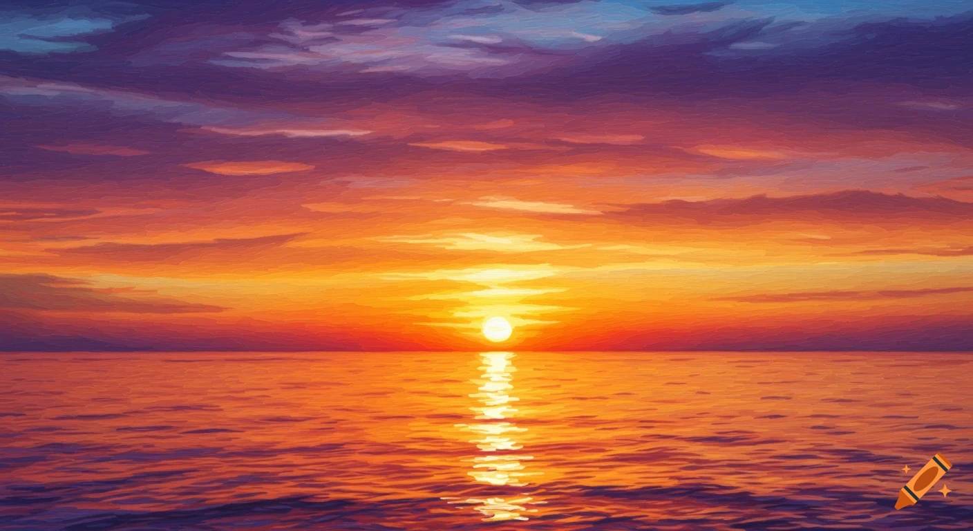 A vibrantly colored sunset over the sea, with the sun low on the horizon reflecting on the water.