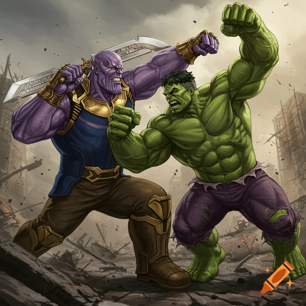 Thanos fighting Hulk in a ruined city