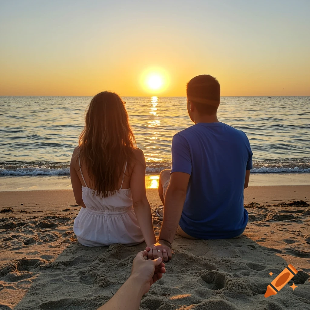 A couple holds hands with a third person's hand while sitting on a beach watching the sunset over the ocean.