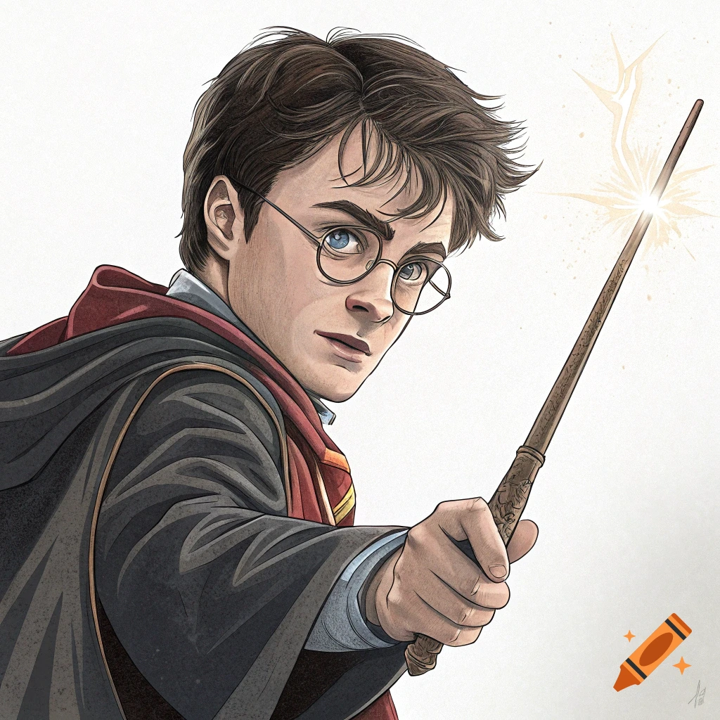 Stylized illustration of Harry Potter casting a spell with a wand.