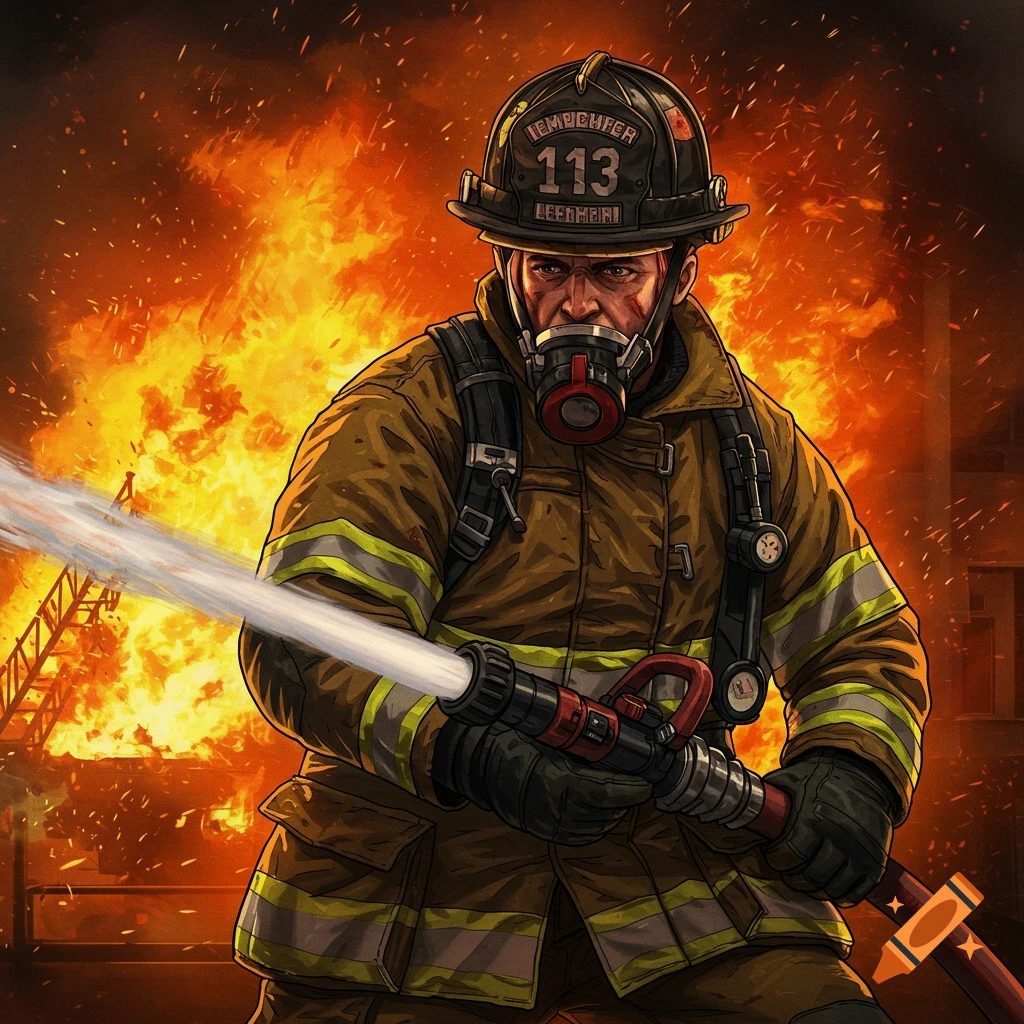 A firefighter in gear holding a hose and fighting a large fire.