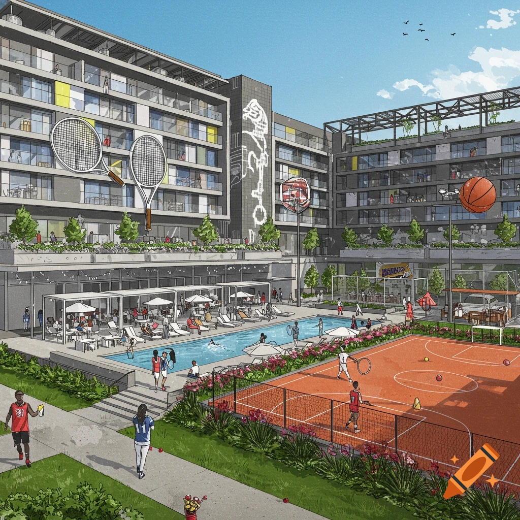 Image of a sports-themed hotel with pool and outdoor courts.