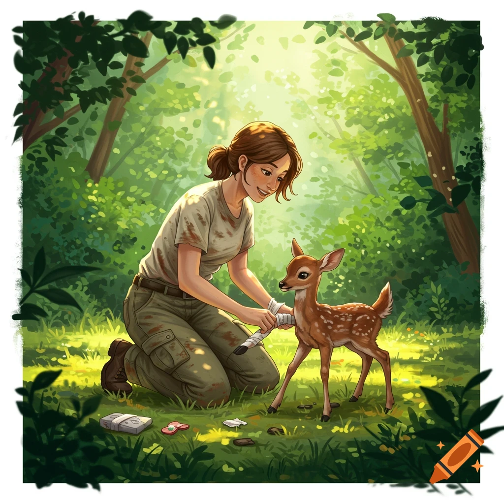 A woman is bandaging a fawn's leg in a sunny forest clearing.