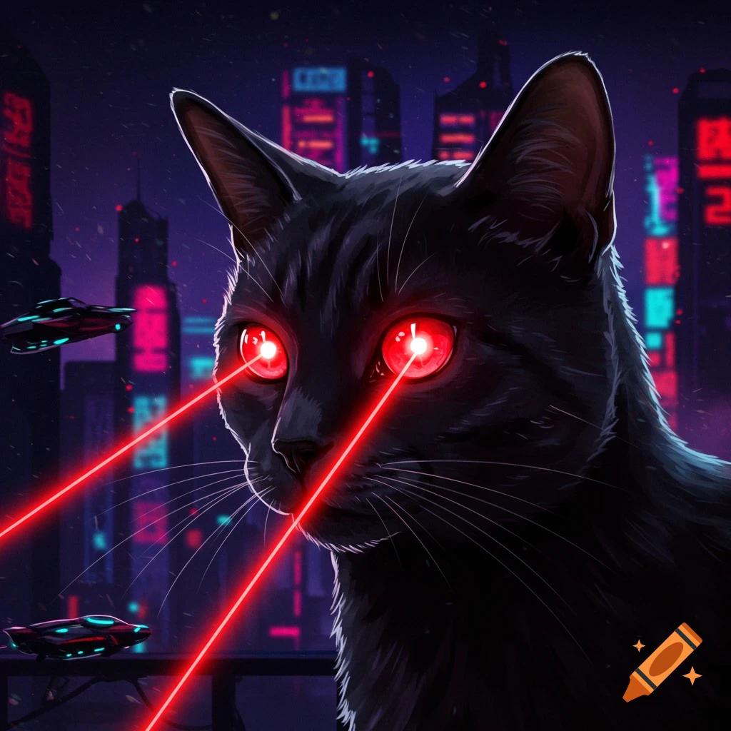 A black cat with red laser eyes in a cyberpunk city