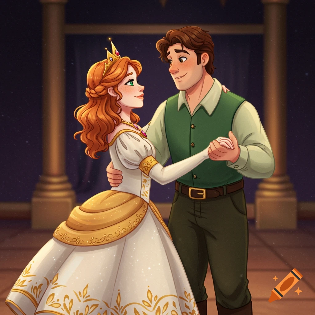 Cartoon illustration of a prince and princess dancing in a grand hall.