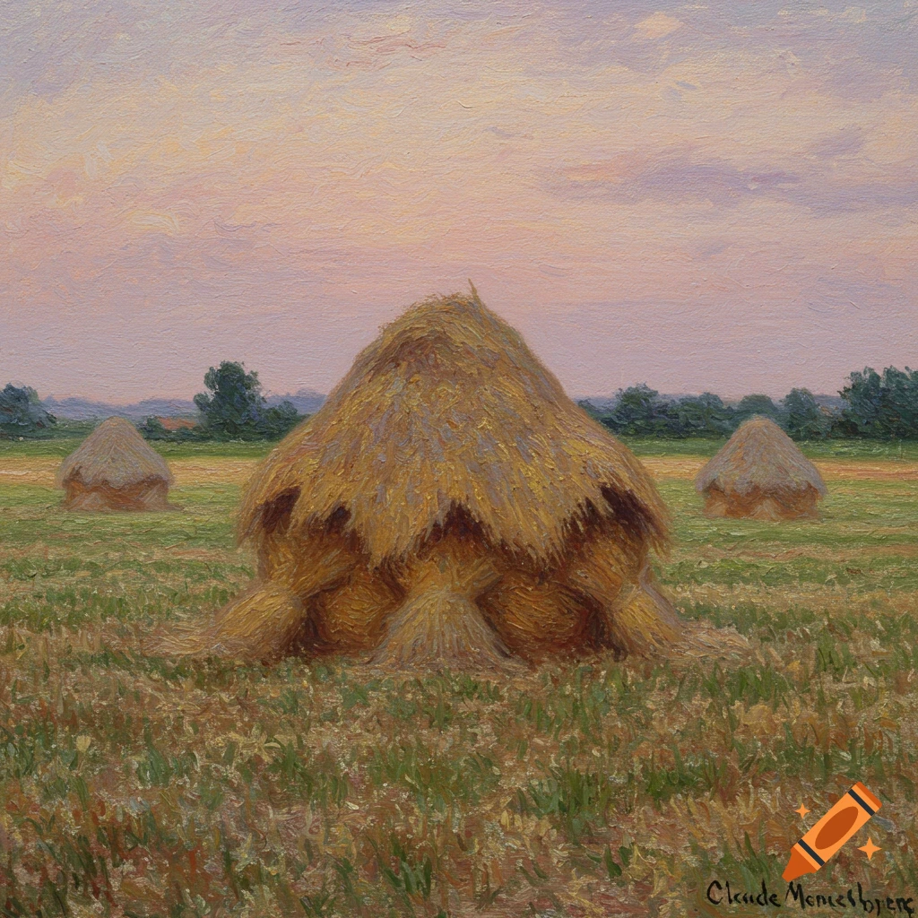 Painting of haystacks in a field in the style of Claude Monet