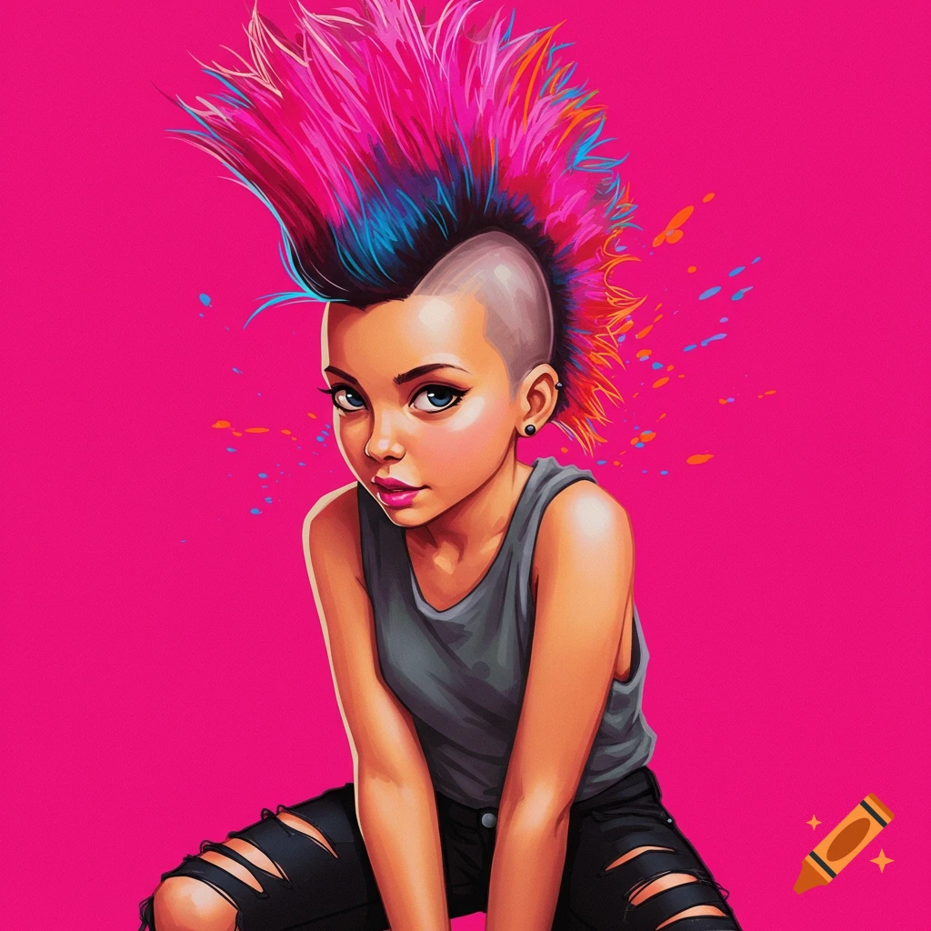  A girl with a colorful mohawk wearing ripped pants. on Craiyon