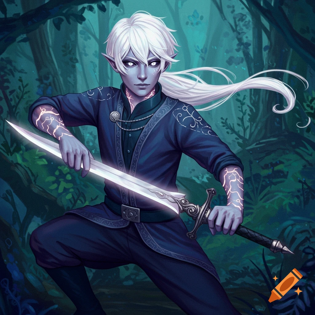 A young male elf with white hair and glowing eyes holding a sword in a forest.