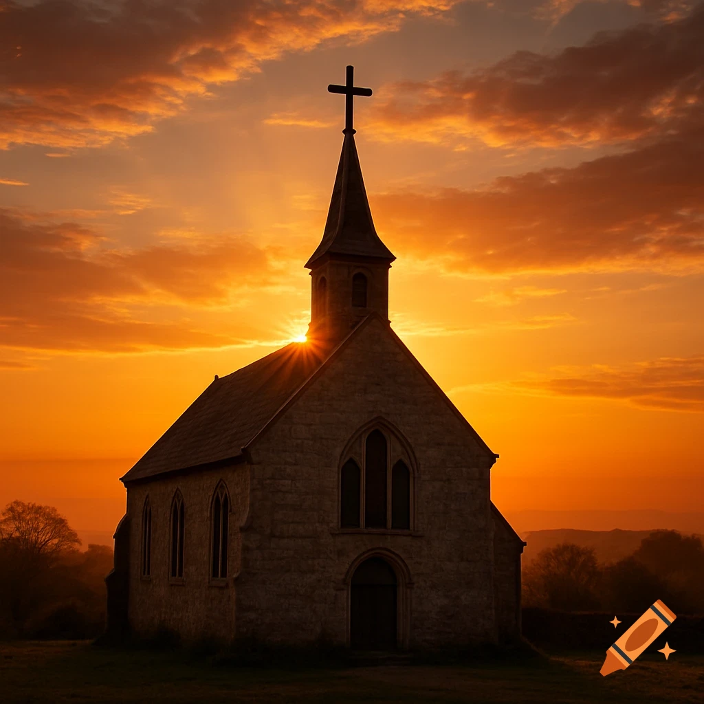 Stone church silhouetted against a brilliant orange sunset