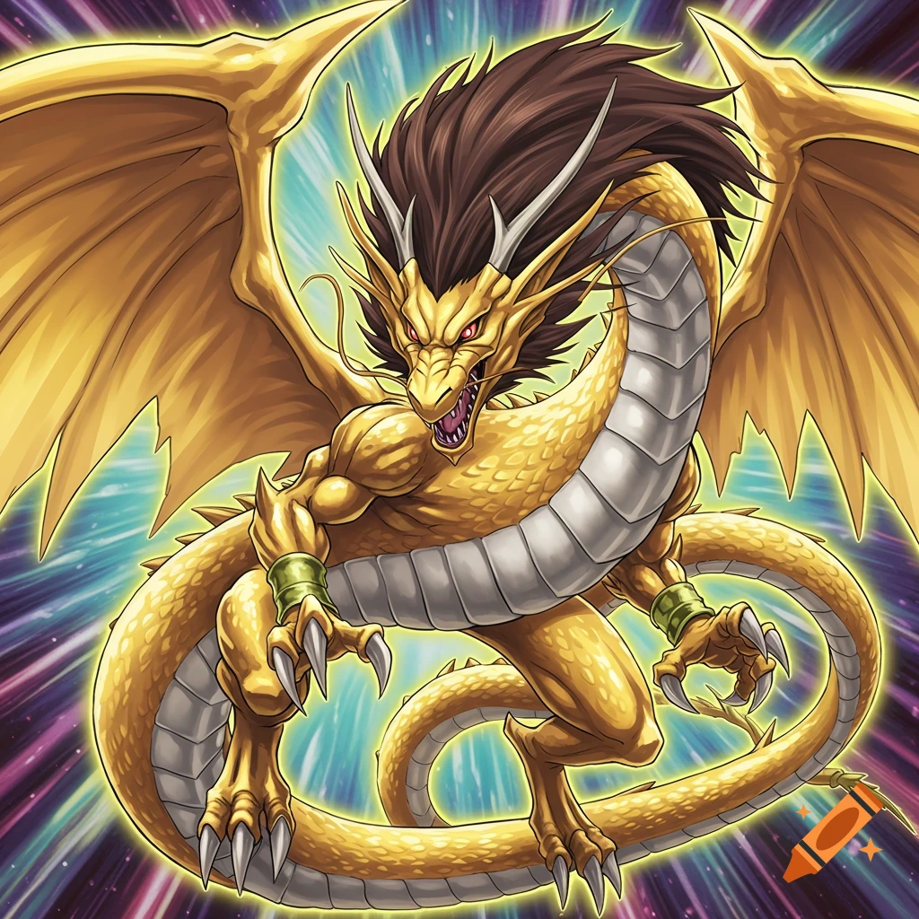 A large golden dragon with dark brown hair and wings, in an anime art style, against a swirling background.
