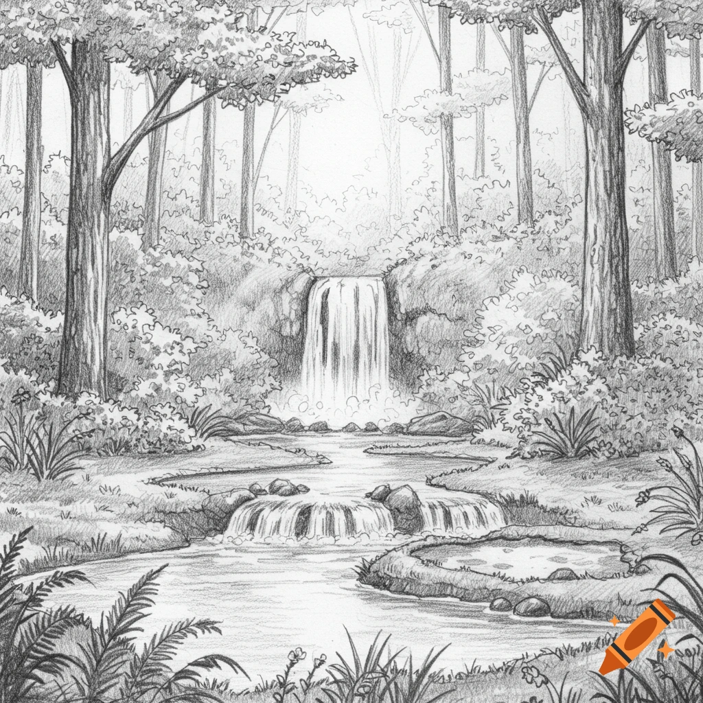 Pencil sketch of a forest with a waterfall flowing into ponds.