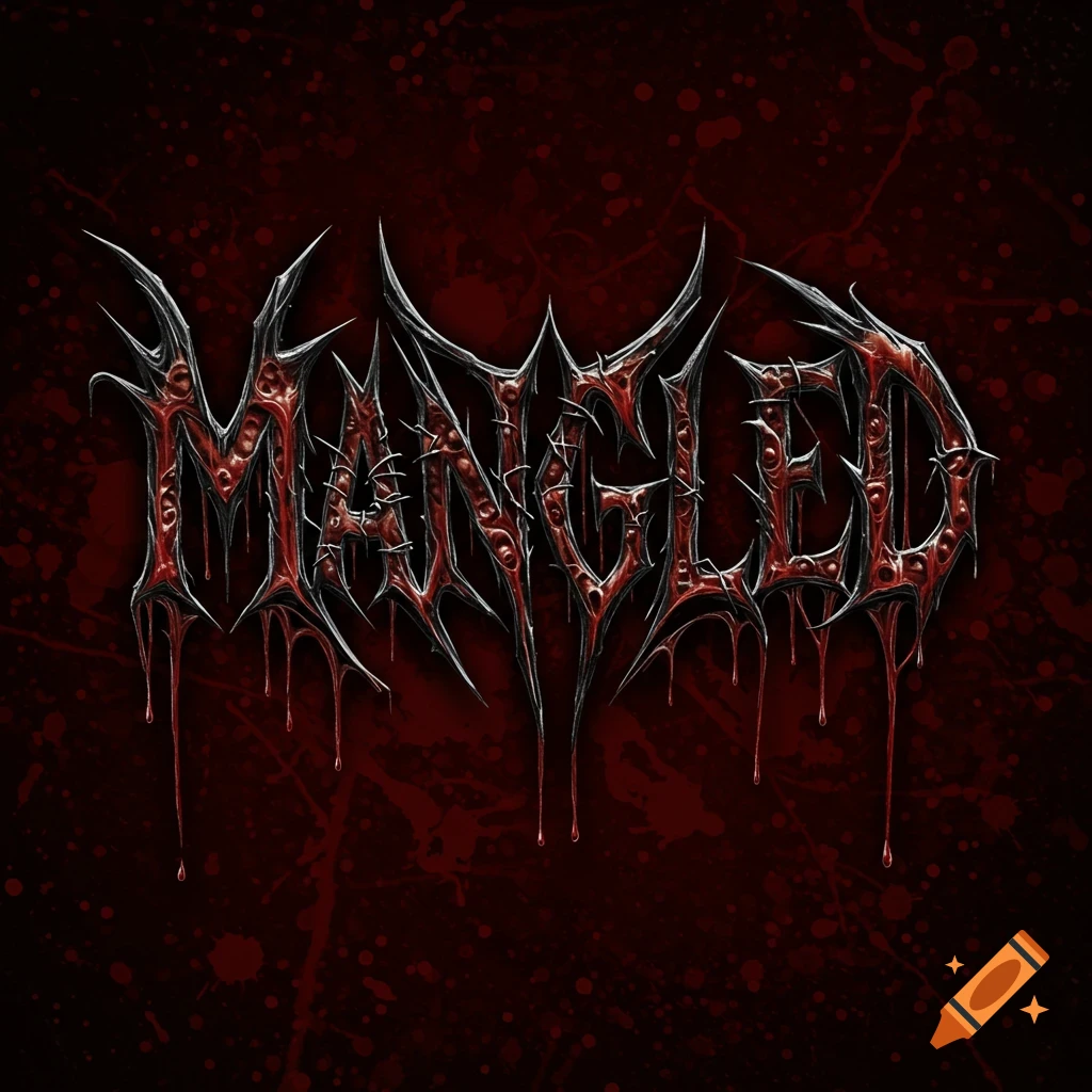 Death metal logo for "MANGLED" with spikes and dripping blood on a dark background.