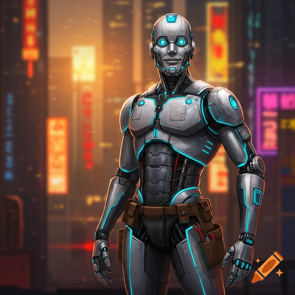 A silver humanoid robot with blue glowing accents standing in a futuristic city at night.