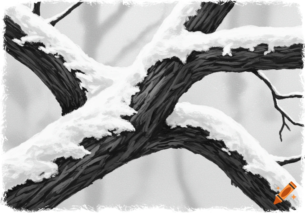 Black and white oil pastel of snow-covered tree branches