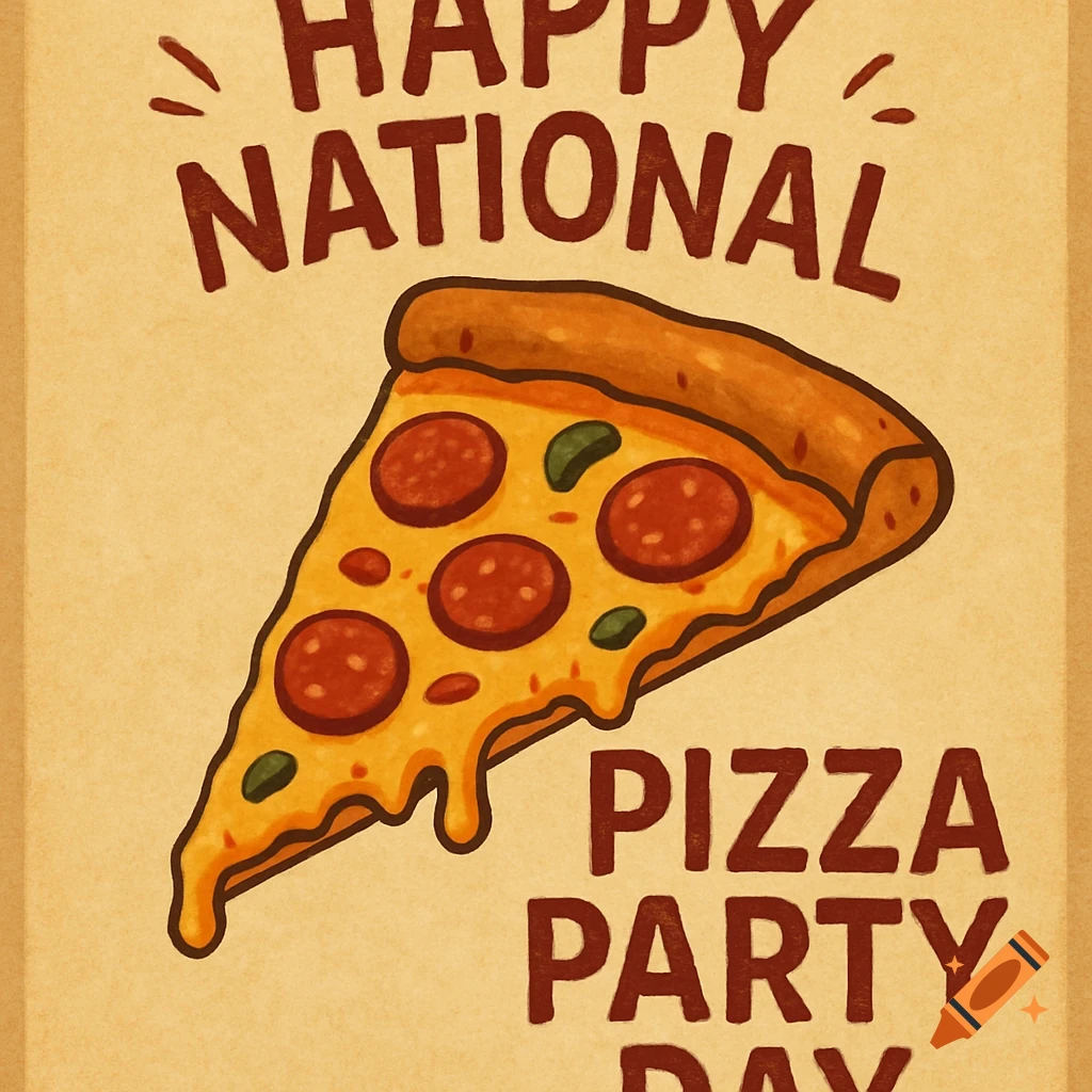 Illustration of a pizza slice with text 'Happy National Pizza Party Day'