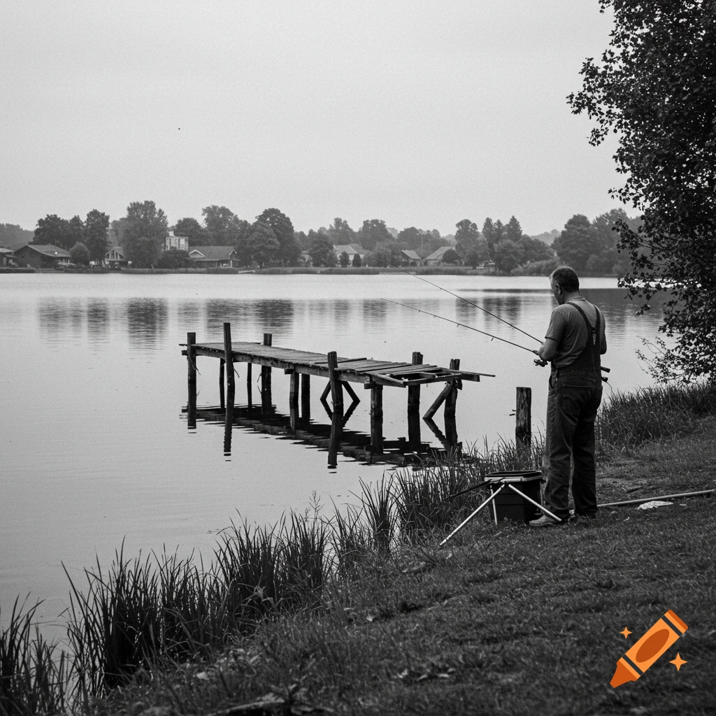 A man fishes with two rods from the bank of a lake with a broken dock in the background, in black and white.