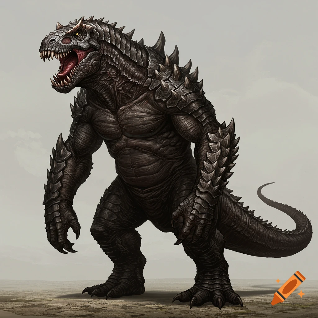 Large dark armored monster stands on rocky ground.