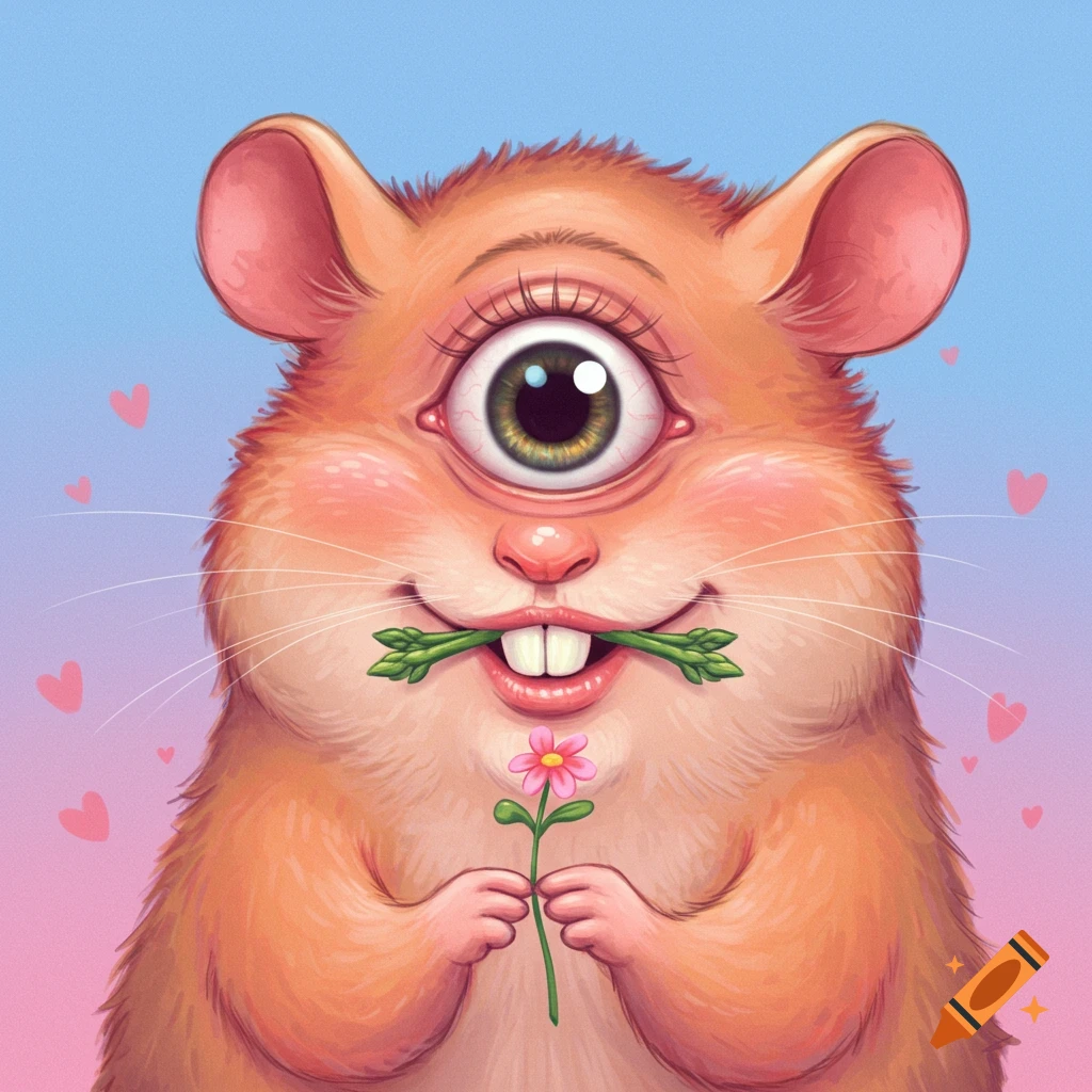 A cute cyclops hamster holding a pink flower and asparagus, with pink hearts in the background.
