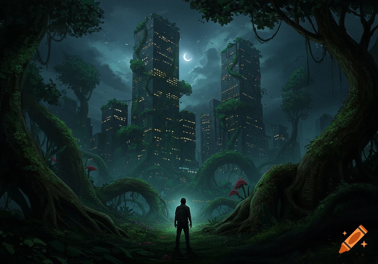 A person stands before overgrown skyscrapers in a mysterious city jungle at night.