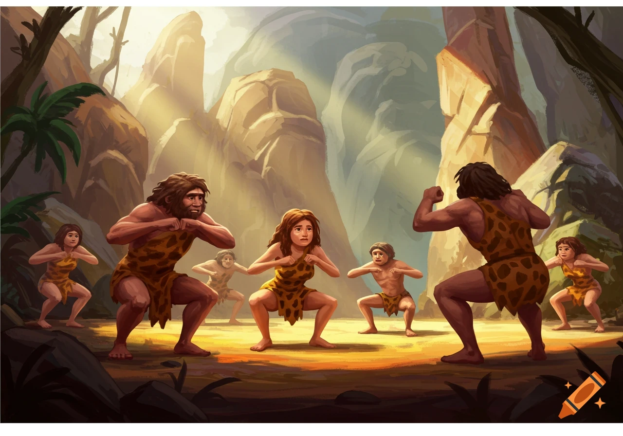Cavemen and women doing squats in a sunlit cave.