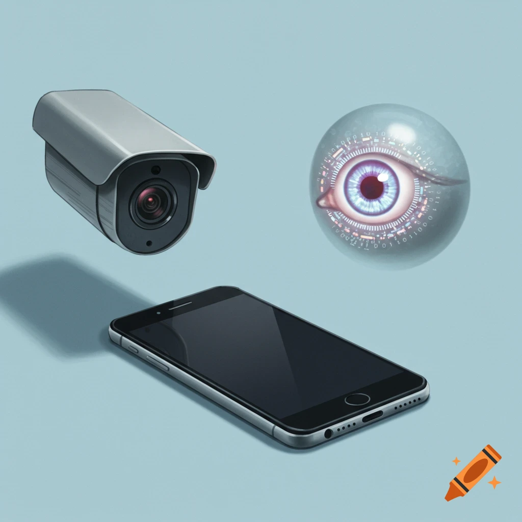 A security camera, smartphone, and digital eye with binary code are depicted.