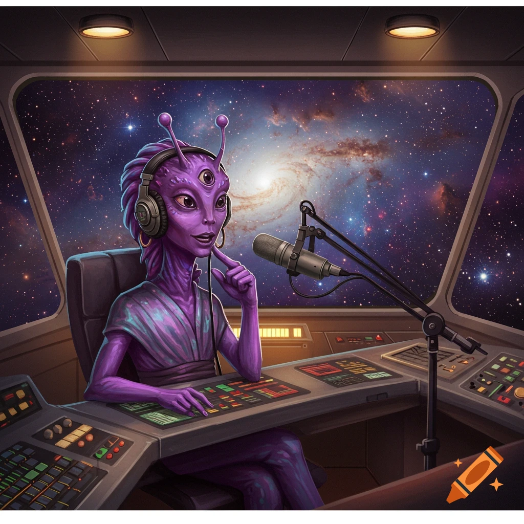 A purple alien with headphones speaks into a microphone in a spaceship cockpit, looking out at a galaxy.
