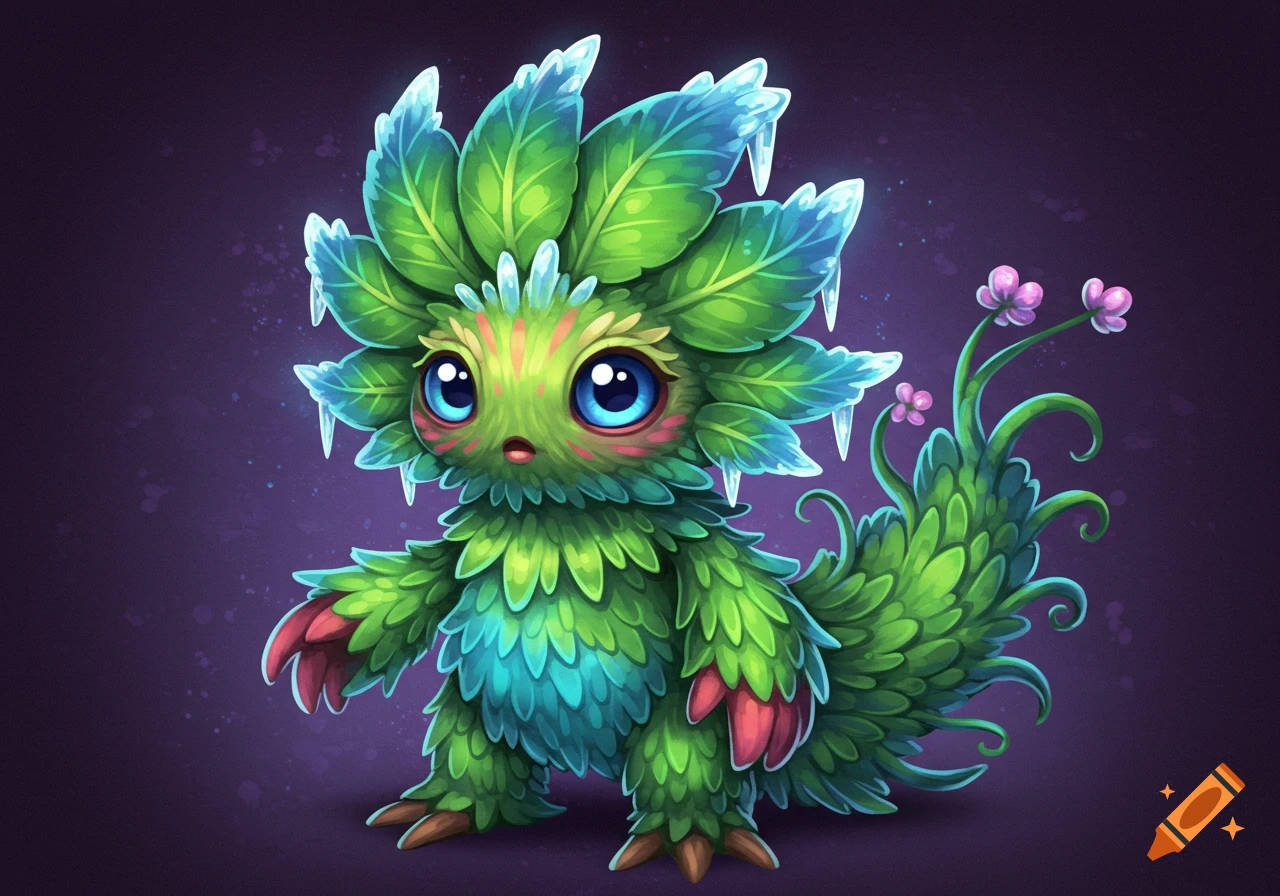 A cute leafy green fantasy monster with big blue eyes and ice crystals on its head.