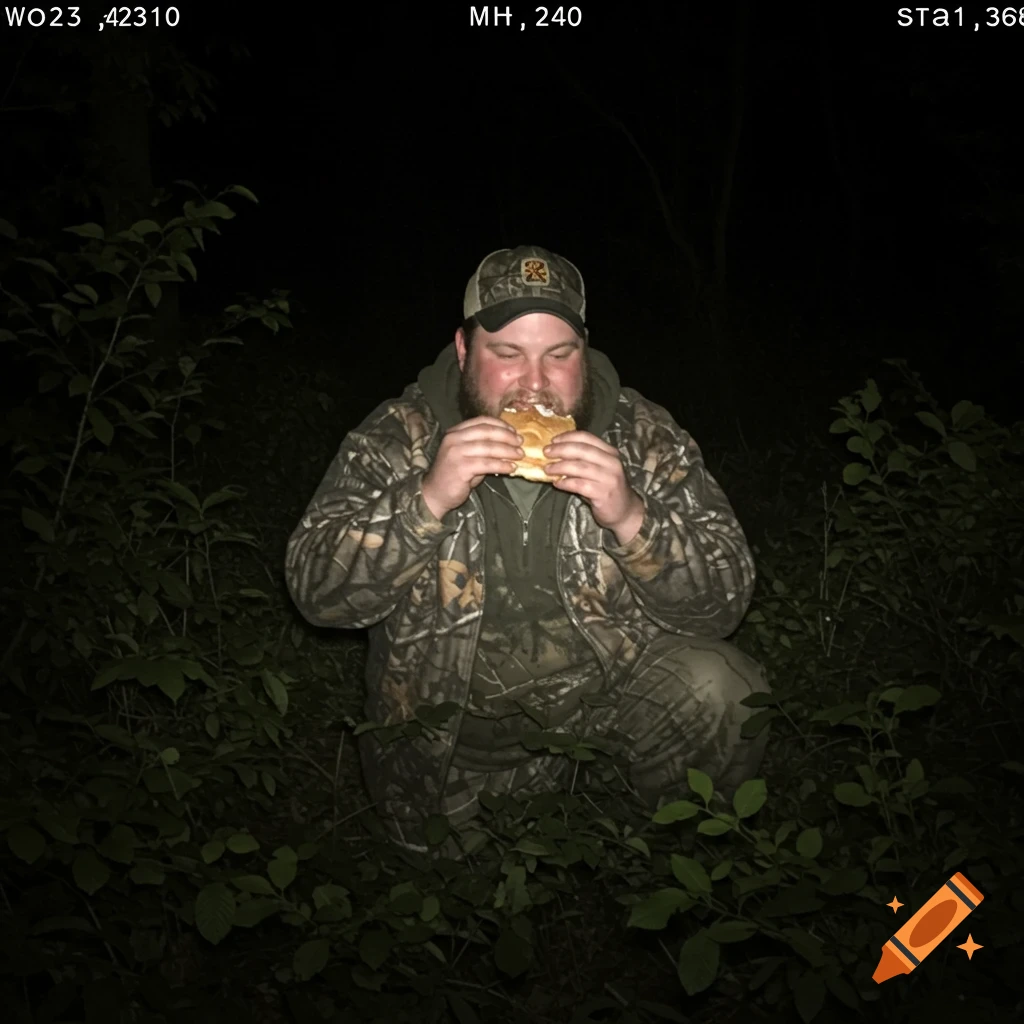 Man in camouflage eating a sandwich in a dark wooded area, trail cam style.