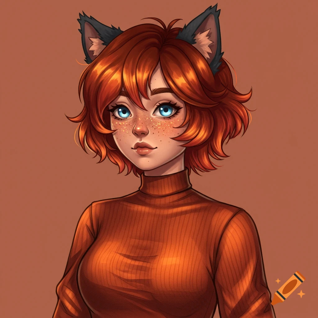 Anime portrait of a young woman with cat ears, red hair, blue eyes, and freckles.