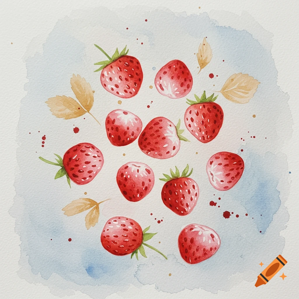 Watercolor illustration of scattered strawberries with leaves and paint splatters.