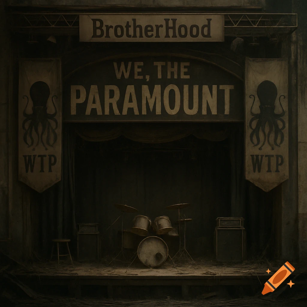 An abandoned music stage with drums, amps, signs, and banners.