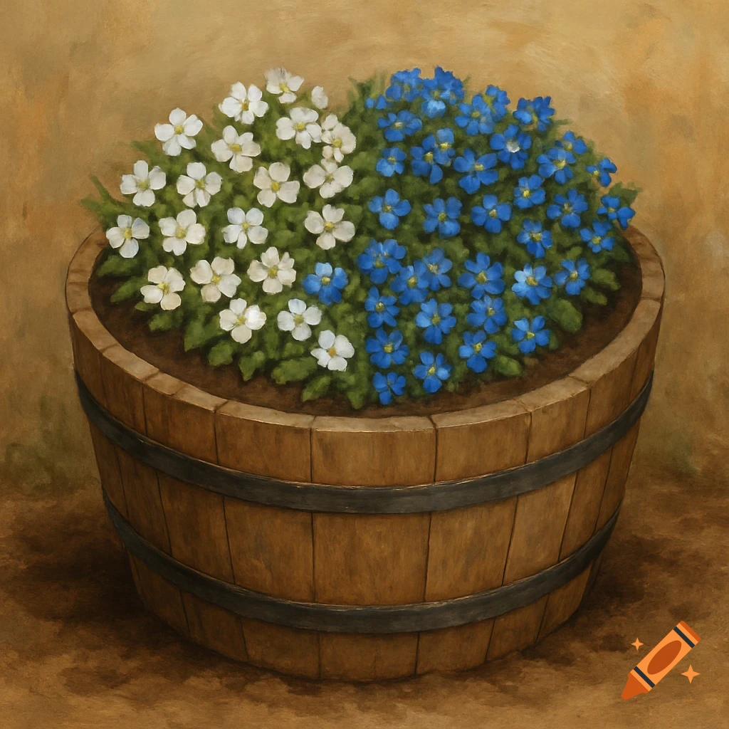 White and blue flowers are in a wooden barrel planter.