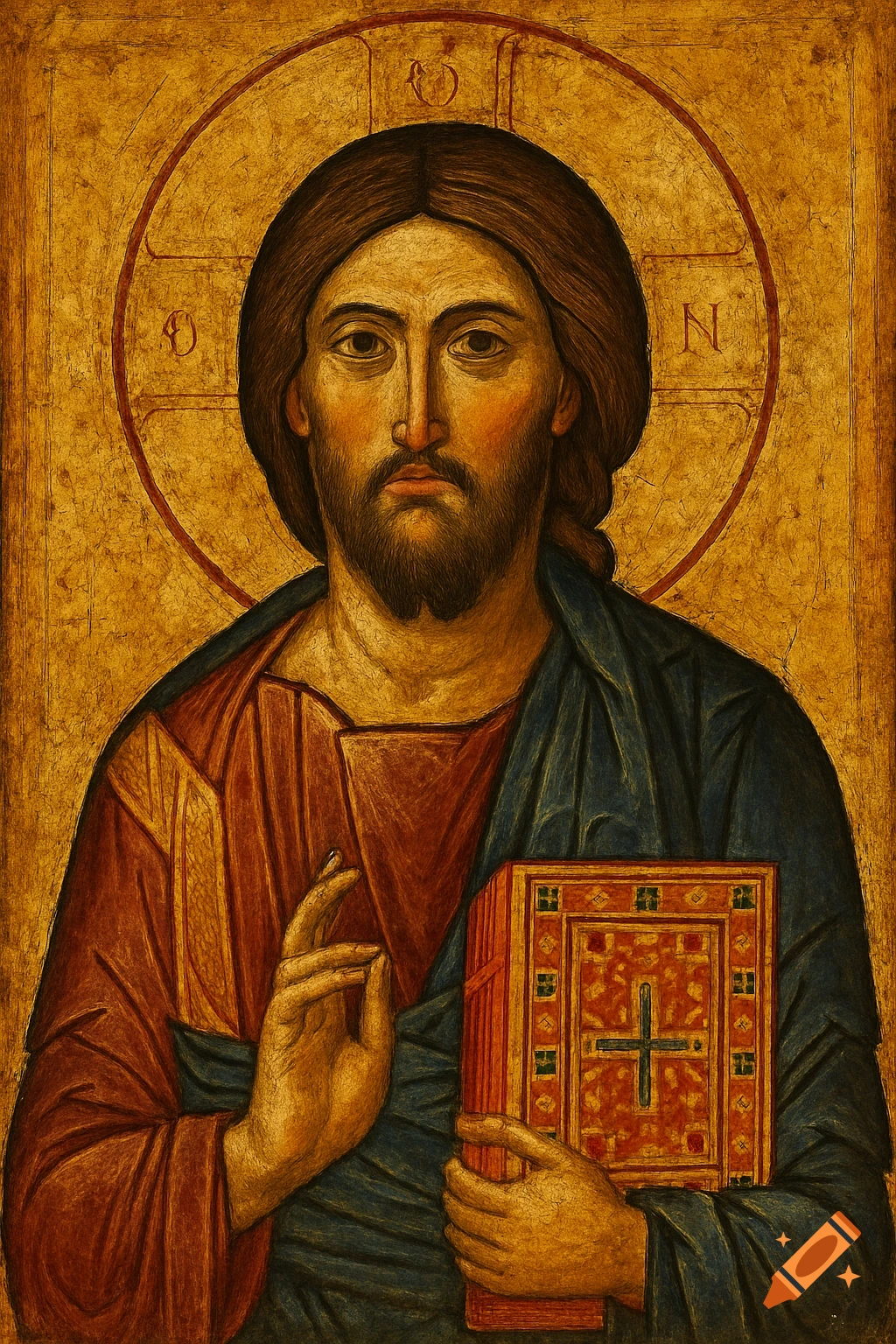 Byzantine icon painting of Jesus Christ holding a book, giving a blessing gesture.