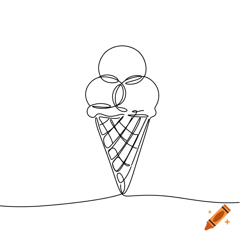 A simple continuous line drawing of an ice cream cone with three scoops.