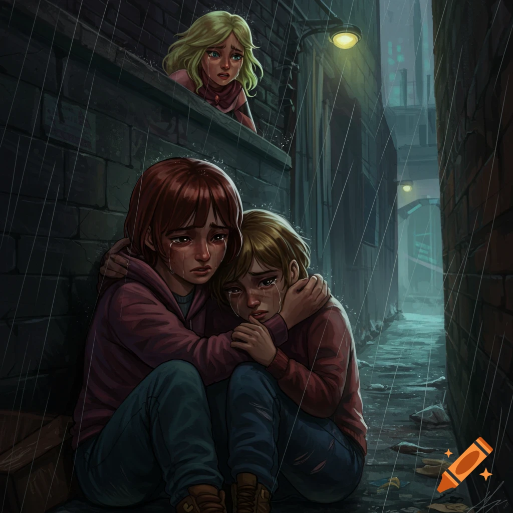 A group of three children huddle together in a rainy alley, their faces streaked with tears.