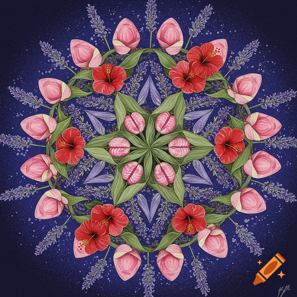 A floral mandala with pink, red, and purple flowers on a dark blue background.