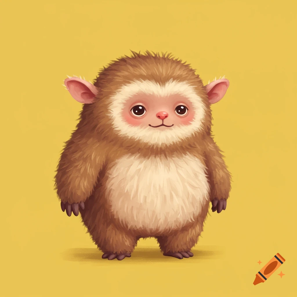 A cute, furry creature with pointed ears and pink cheeks standing on a yellow background.