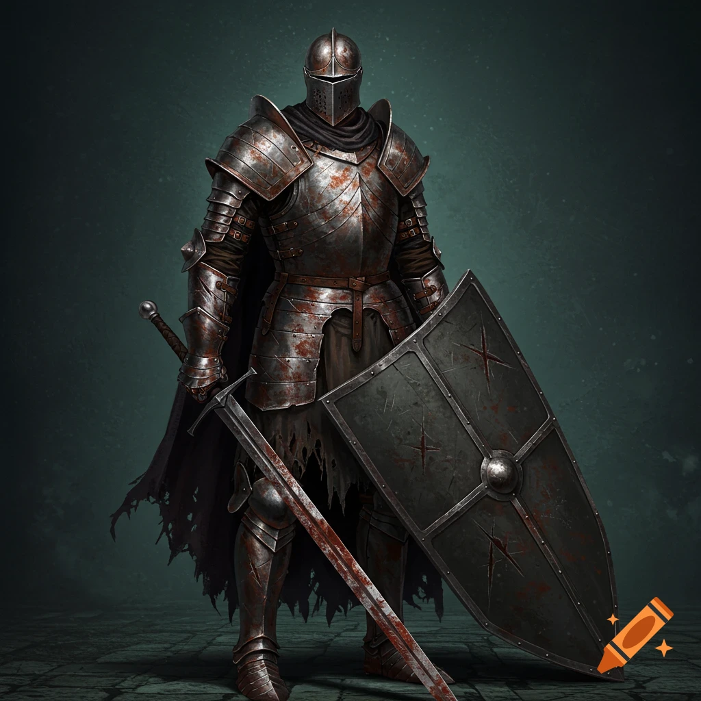A knight in rusted armor holding a sword and shield.