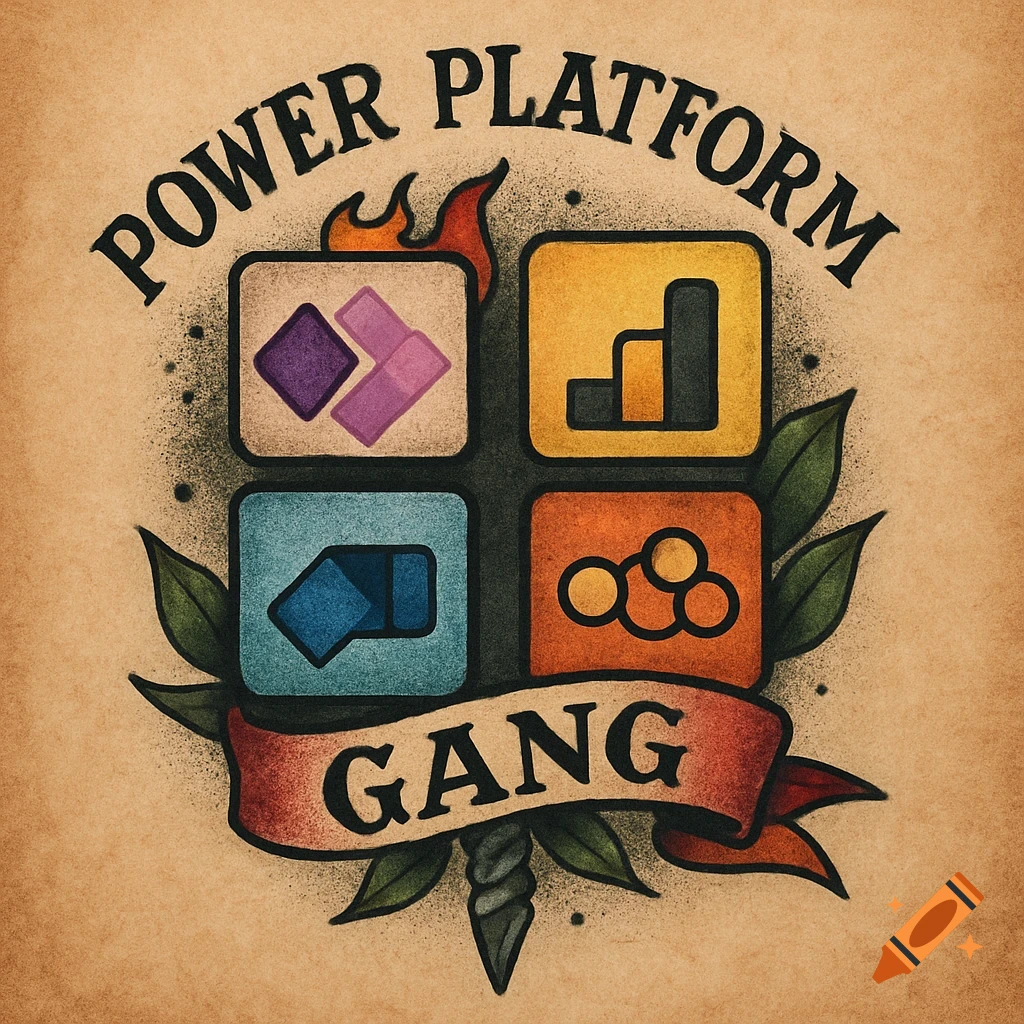 A tattoo style image with the text "POWER PLATFORM GANG", four stylized application logos, leaves, and flames.