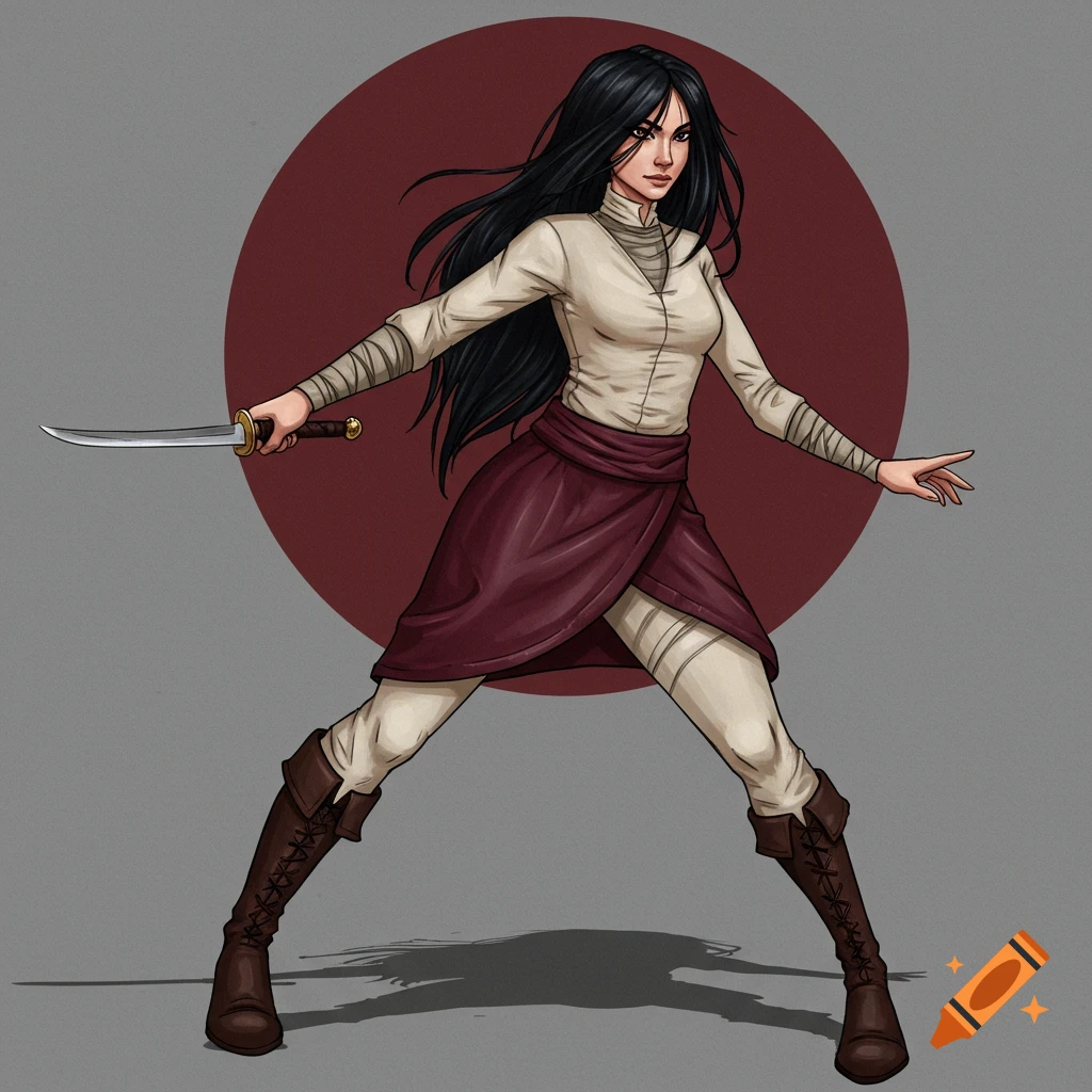 A female warrior in a dynamic stance holding a sword, wearing a wrap skirt, leggings, and boots.