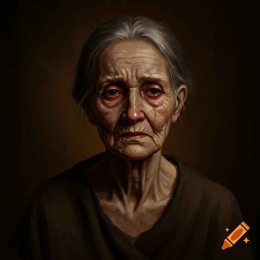 A portrait of an elderly woman looking somber.