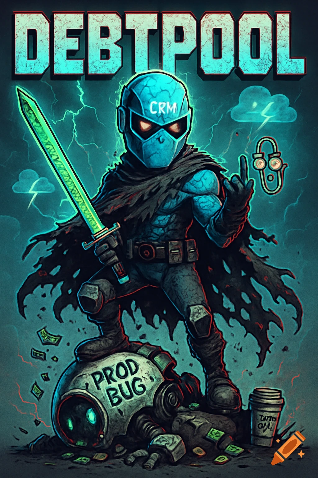 Cartoon superhero character in a blue mask and cape, holding a glowing sword and flipping off a small robot. Text reads 'DEBTPOOL', 'CRM', and 'PROD BUG'.