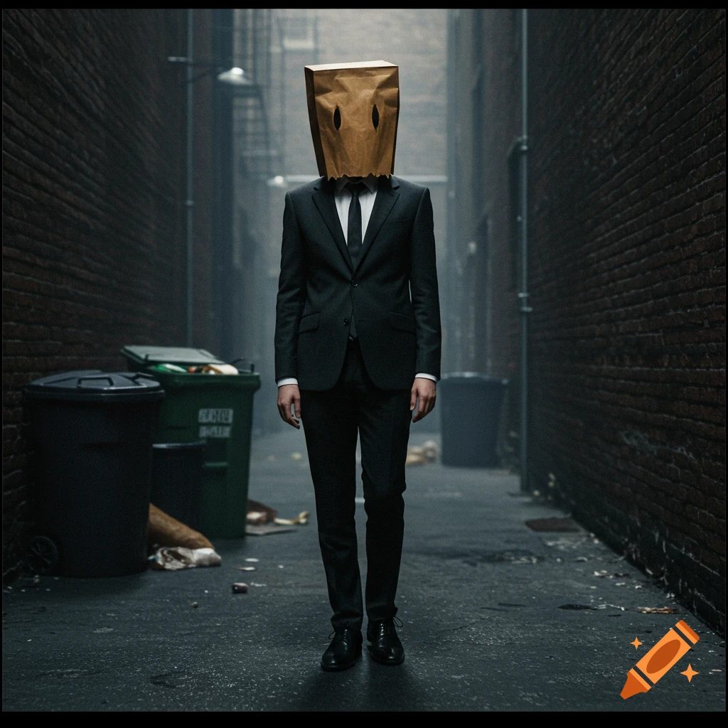 A person in a black suit with a paper bag over their head stands in a dark alley between brick walls.