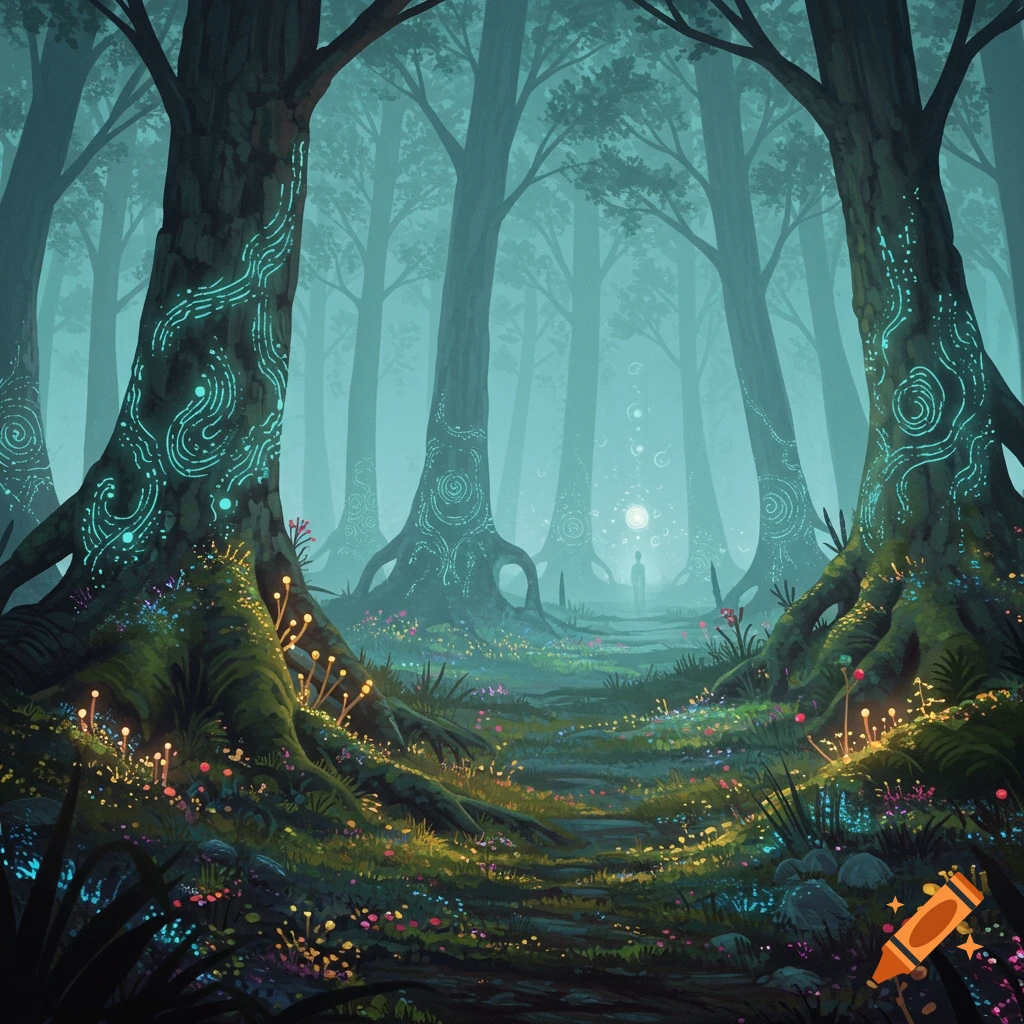 A glowing fantasy forest with a path and a figure in the distance.